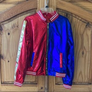 Girls Harley Quinn Joker Puddin Freak red blue gold jacket coat size M (14/16)